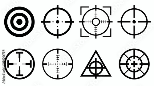 Set of various black crosshair and target icons on white background, concept for business strategy planning and marketing precision targeting