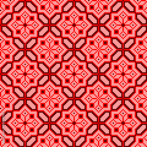Seamless Ukrainian embroidery vector pattern inspired by traditional vyshyvanka ornament. Ethnic geometric folk design made in cross stitch style with red and black stitches