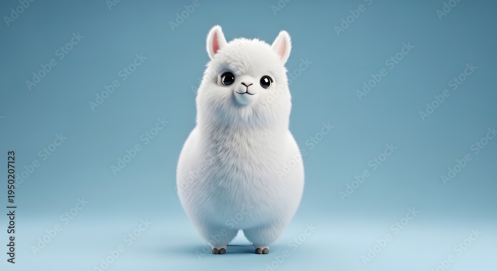 Fototapeta premium A cute, fluffy white baby alpaca stands centered against a soft blue background with gentle lighting.