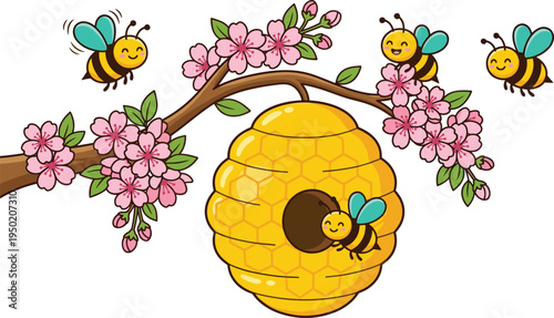 Cute cartoon bees with hive and cherry blossom branch, spring pollination scene with honeycomb beehive vector illustration for nature design