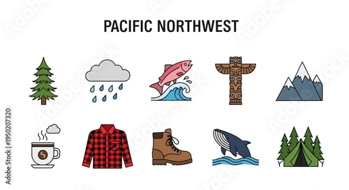 Icons representing the Pacific Northwest including nature culture and outdoor activities