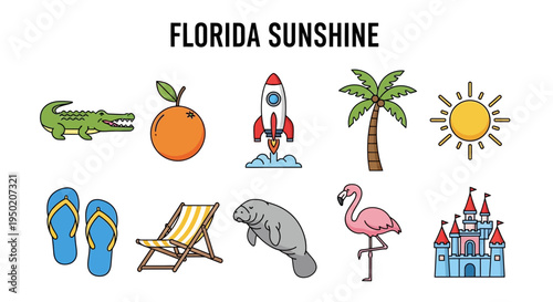 Florida icons displayed in two rows alligator orange rocket palm sun flipflops chair manatee flamingo castle