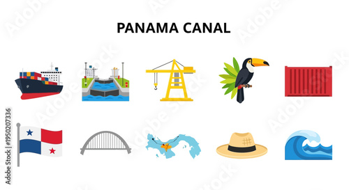 Icons related to the Panama Canal ship locks crane bird container flag bridge map hat wave