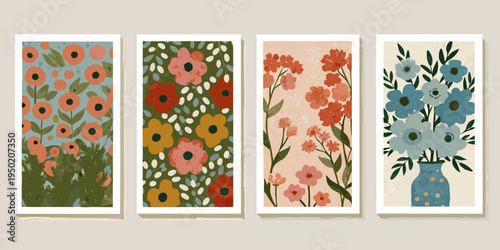 Four botanical art prints depicting colorful floral arrangements in vertical frames