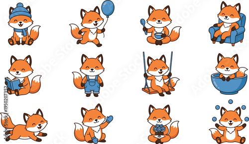 Cute cartoon fox character set, playful woodland animal mascot collection with different activities, reading cooking swing, vector illustration isolated adorable kids design
