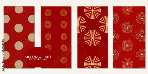 Four abstract red backgrounds with gold oval and circular patterns displayed