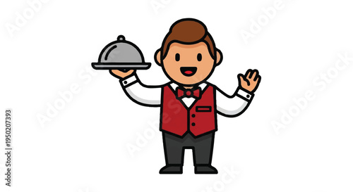 Cartoon waiter holding tray and waving in service