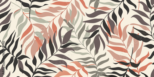 Abstract botanical pattern with elegantly shaped leaves in muted tones