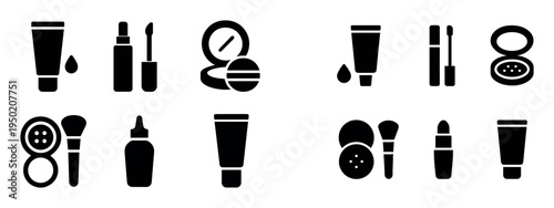 Beauty icons with lip stick tube brush flat minimal