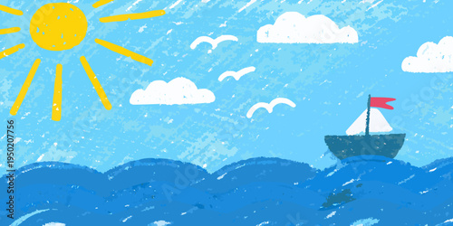 A child s drawing depicts a sunny seascape with waves and a sailboat