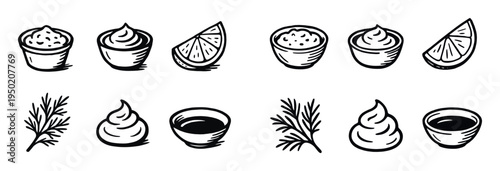 Condiment icons with bowl lemon herb outline