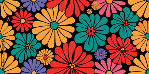 A vibrant repeating pattern of stylized flowers in various colors