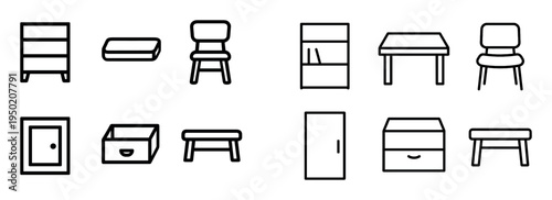 Furniture icons with chair shelf table minimal