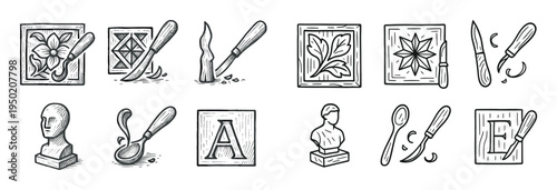 Craft icons with chisel and tile sketch