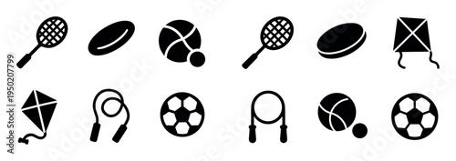 Sports icons with racket ball and kite flat