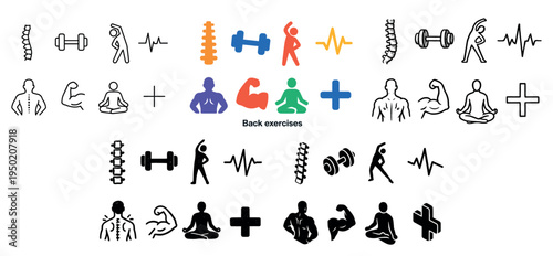 Fitness icons with spine dumbbell yoga minimal