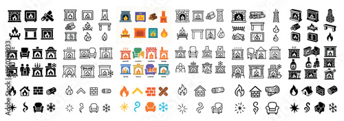 Hearth icons with fireplace flame log minimal