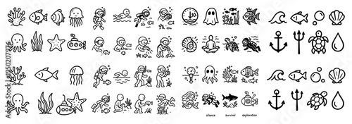 Ocean icons with diver fish coral outline