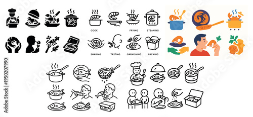 Cooking icons with pot pan spoon colorful