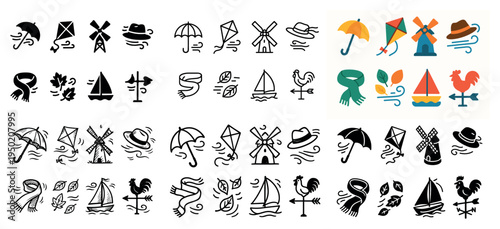 Seaside icons with umbrella sailboat windmill flat