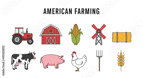 American farming icons including machinery buildings animals and crops