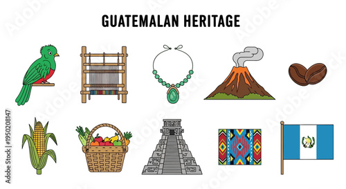 Ten illustrations representing Guatemalan heritage including wildlife crafts geography and agriculture