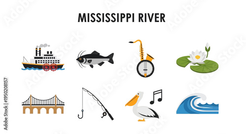 Collection of eight flat icons related to the Mississippi River