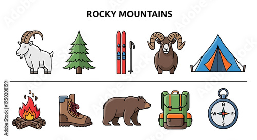 Rocky Mountains icons featuring wildlife gear and camping elements