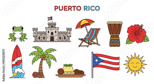 Cuadro en lienzo Collection of ten colorful icons representing Puerto Rican cultural symbols and