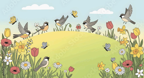 Charming Spring Meadow Scene with Birds, Butterflies, and Flowers in a Gentle Cartoon Style