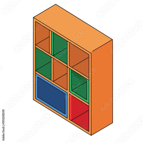 Orange Bookshelf with Colored Cubbies Storage.