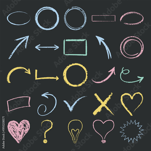 Chalkboard annotation elements set with arrows, circles, frames, hearts and symbols, hand drawn chalk highlight doodles on blackboard