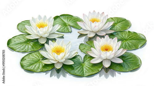 Serene Water Lilies with White Blossoms and Green Lotus Leaves in Pond Scene