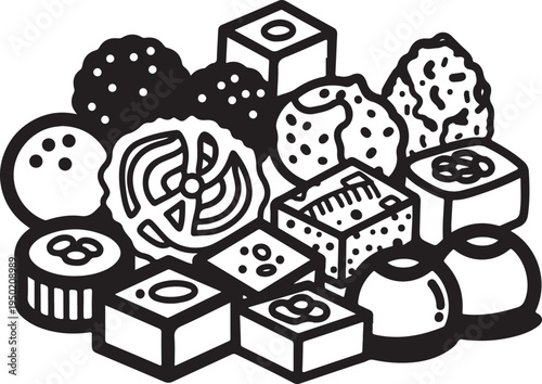 Set of 13 sushi icons vector, black and white