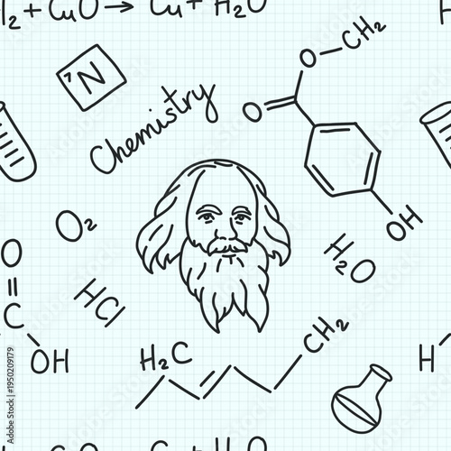 Hand drawn seamless chemical molecular formulas pattern. Vector illustration of student exercise book for chemistry education with line elements written by pen: the famous chemist Dmitri Mendeleev