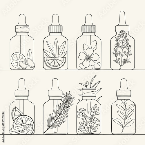 Line art illustration of apothecary bottles containing various botanical specimens