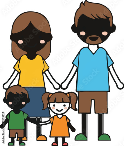 Diverse family vector illustration featuring a mother, father, son, and daughter holding hands, representing unity and togetherness in a modern, flat cartoon style.