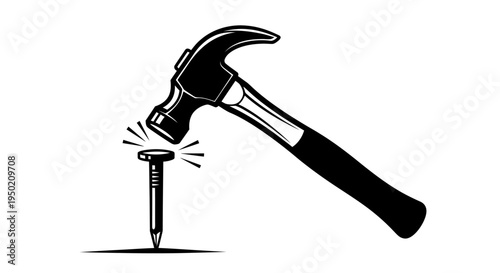 Hammer striking a nail with sparks flying.