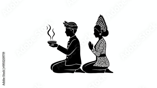 Balinese Couple Silhouette Performing Traditional Prayer Ritual