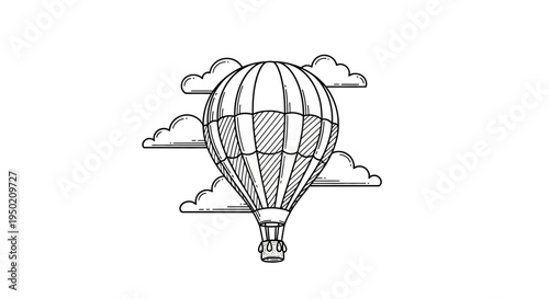 Hand drawn hot air balloon floating in the sky with clouds.