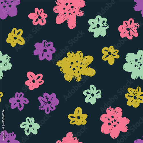 Hand drawn seamless pattern with chalky texture brush stroke abstract flowers. Organic botanical design with artisanal painted elements