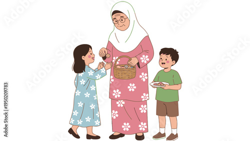 Grandmother in Hijab Sharing Cookies with Children Illustration