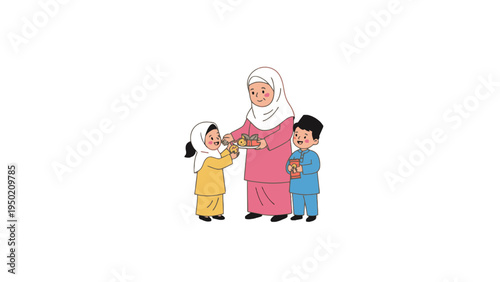 Muslim grandmother sharing cookies with kids on white background