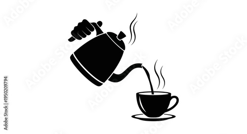 Hand pouring hot water from kettle into coffee cup.