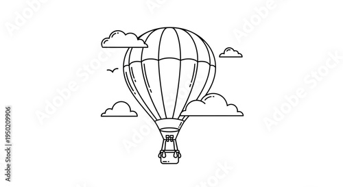 Hot air balloon outline flying in the sky with clouds.