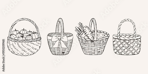 Hand drawn illustration of four woven baskets filled with various goods