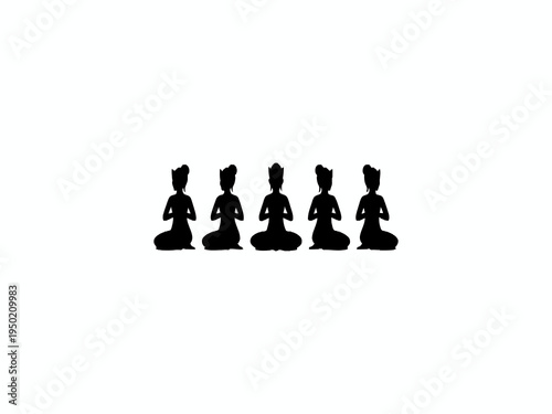 Balinese women silhouettes sitting in prayer pose on white background
