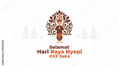 Nyepi Day Illustration with Balinese Man and Temple Background