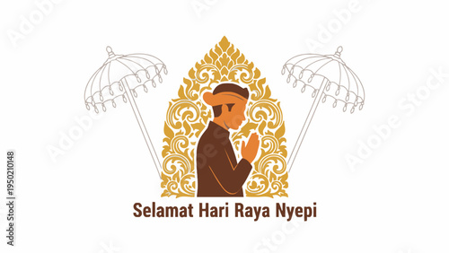Nyepi Day Balinese Greeting with Man Praying and Gold Ornament