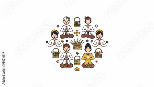 Balinese people in traditional dress with offerings illustration